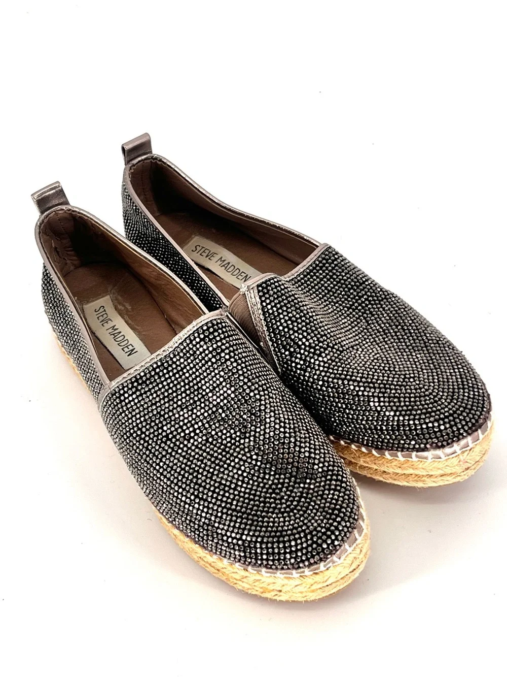 Steve Madden Choppur-R Rhinestone Espadrille Flats Women’s 6 Pewter Slip On
